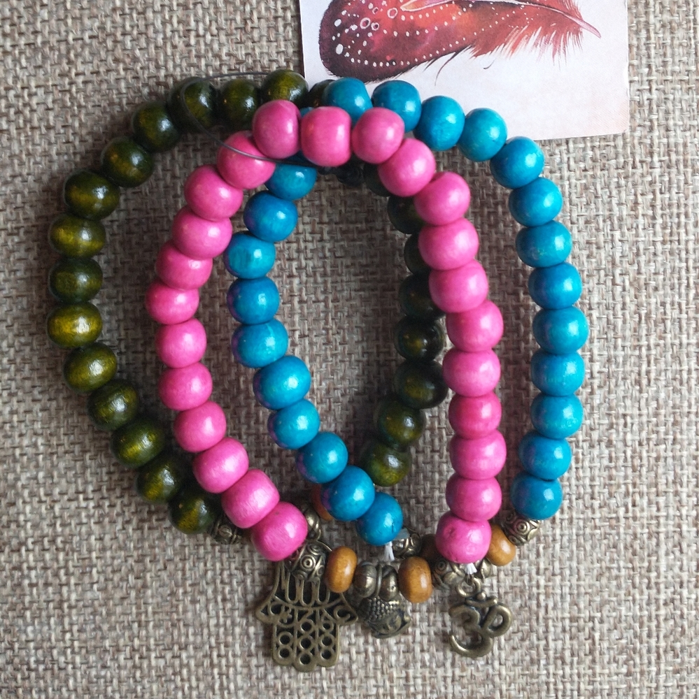 3 new SpunkySoul stretch bracelets Buddha and Hamza hands